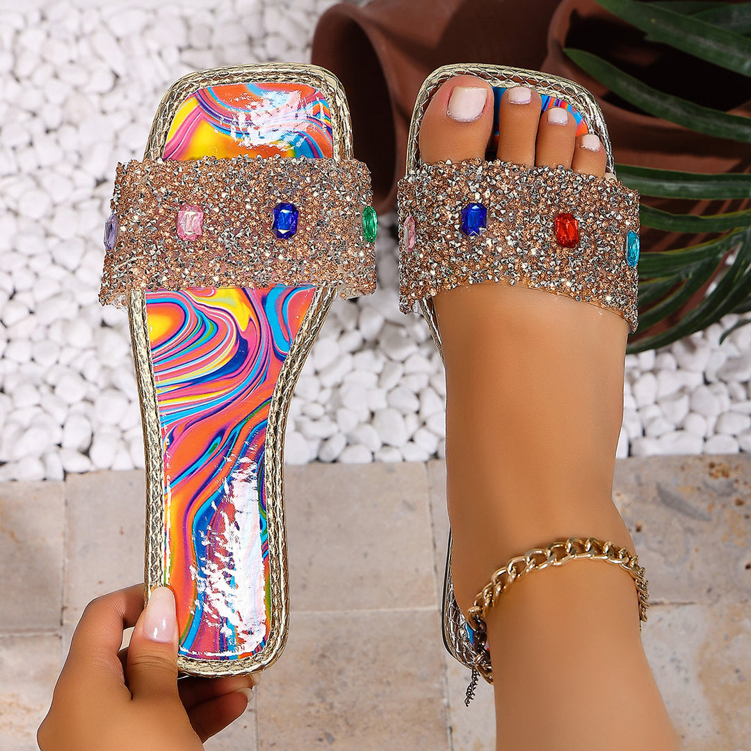 Damen glamouröse Pantoletten mit glitzerndem Riemen und bunten Kristalle EB