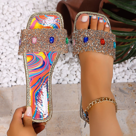 Damen glamouröse Pantoletten mit glitzerndem Riemen und bunten Kristalle EB