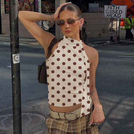 Damen asymmetrisches Polka-Dot-Top mit hohen Schnittlinien und elegantem Halterdesign EB