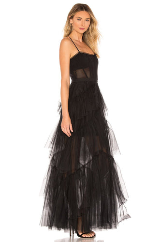 Damen Maxikleid mit mehrlagigem Tüllsaum und transparenter Einsätzen EB