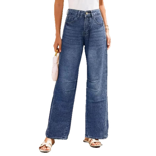 Damen nan High-Waist weite Denim-Hose mit ausgestelltem Bein und tonalen Knie-Abnähern EB