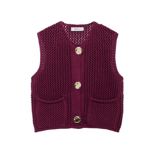 Damen gehäkelte Strickweste mit großen Zierknöpfen und Aufsatztaschen EB