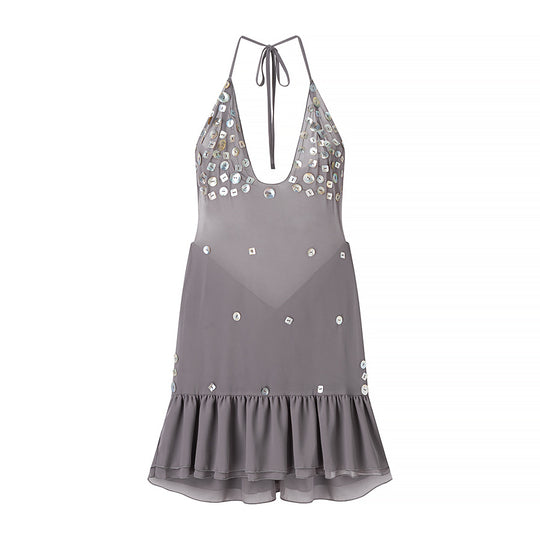 Damen Sommerkleid mit funkelnden Pailletten und voluminösem Saum EB