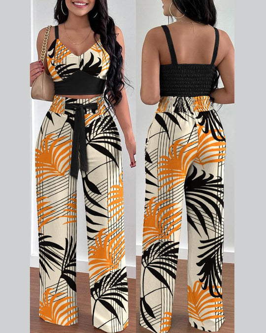 Damen Zweiteiliges Set aus floralem Oberteil und weiten Hosen EB