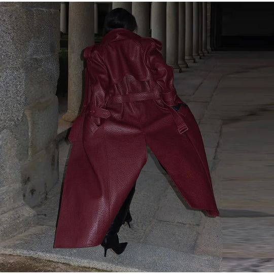 Damen Oversized Kunstleder-Trenchcoat mit hohem Kragen und abnehmbaren Gürtel EB