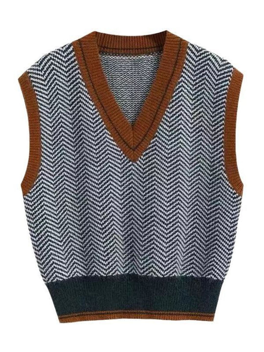 Damen Strickpullover mit V-Ausschnitt und modernem Zickzackmuster EB