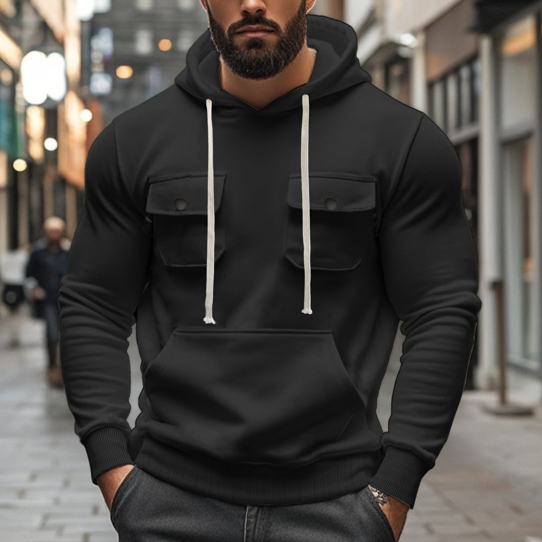 Herren nan sportiver Kapuzenpullover mit aufgesetzten Klappentaschen, Kängurutasche und schmalem Saum EB