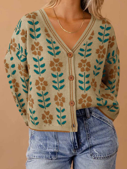 Damen Strickjacke mit floralem Design und Knopfdetails EB