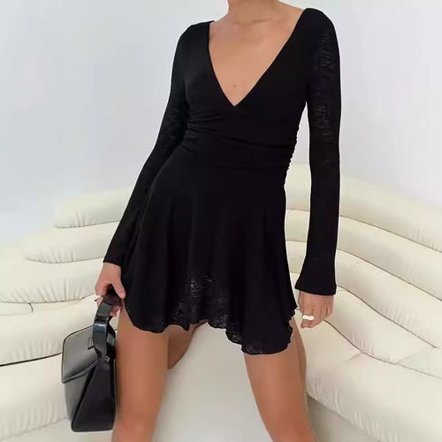Damen Verspielt geschnittenes Minikleid mit V-Ausschnitt und langen Ärmeln EB