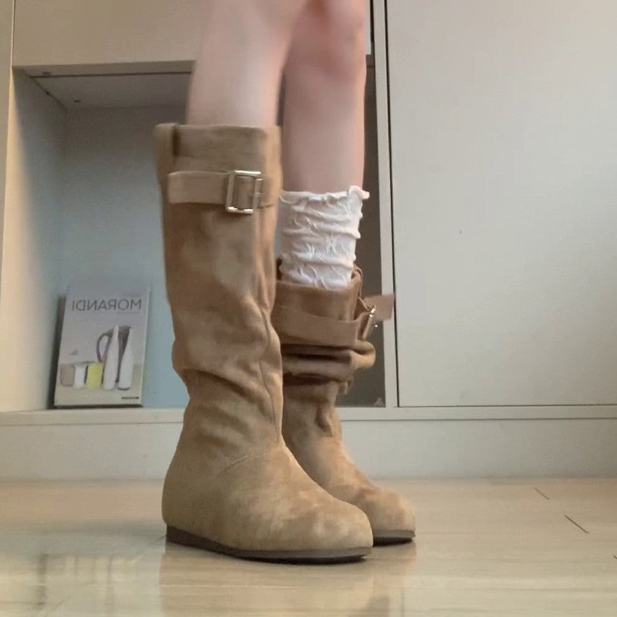 Damen Elegante und lässige Winterstiefel mit modischem Falten-Design und praktischer Schnalle EB