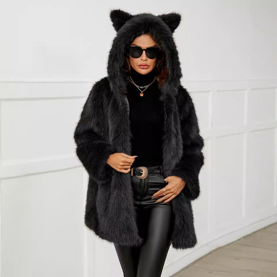 Damen Kuschelige Kunstpelzjacke mit Kapuze und Ohren EB