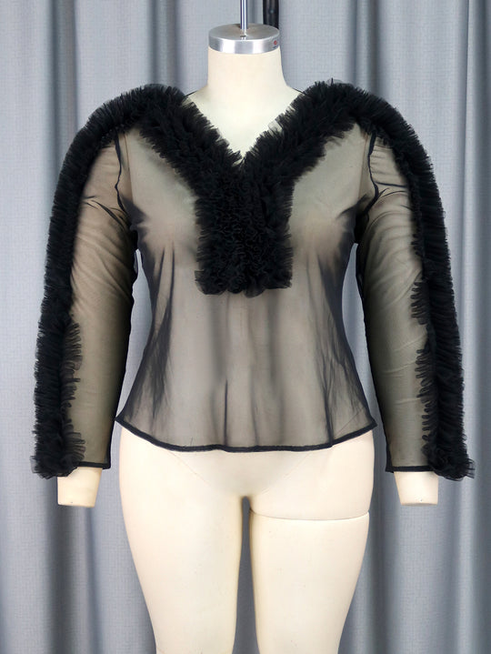 Damen Elegante transparente Bluse mit rüschenverzierten Ärmeln EB