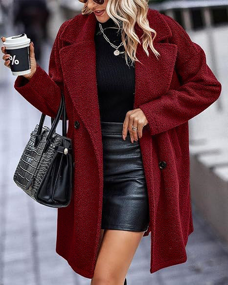 Damen Oversize Teddy-Mantel mit Reverskragen und Double-Breasted-Schnitt EB