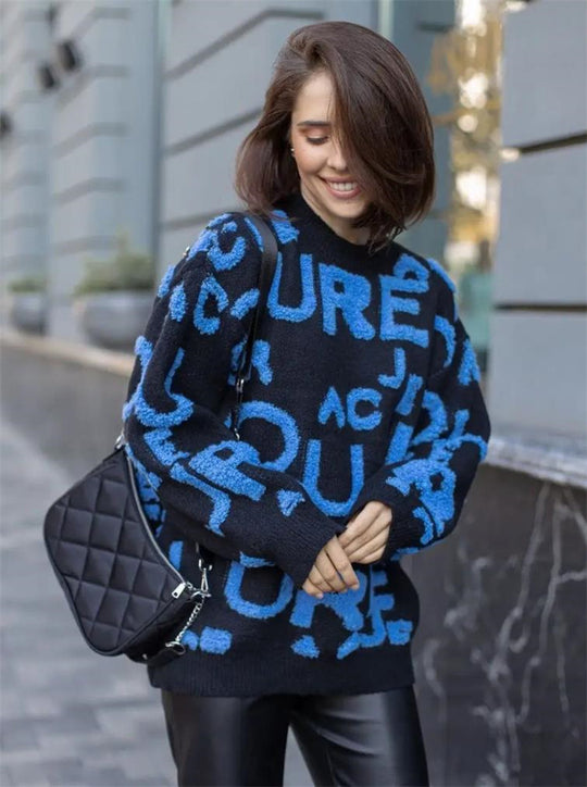 Damen Oversized Strickpullover mit auffälligem Schriftzug und lässiger Passform EB