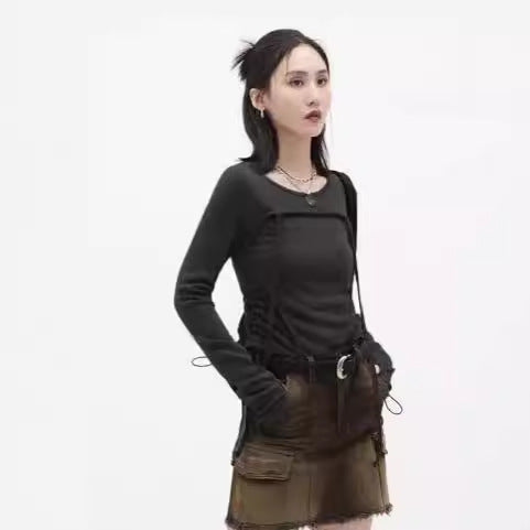 Damen Langarm Crop-Top mit verstellbarem Kordelzug EB