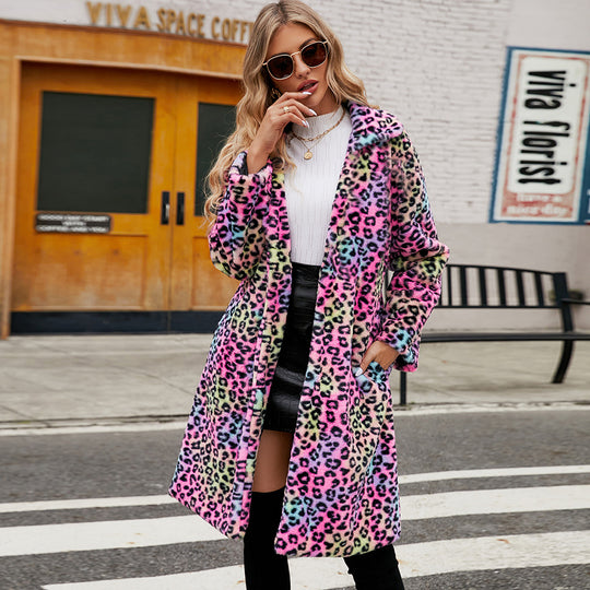 Damen Flauschiger Plüschmantel im Leoparden-Look EB