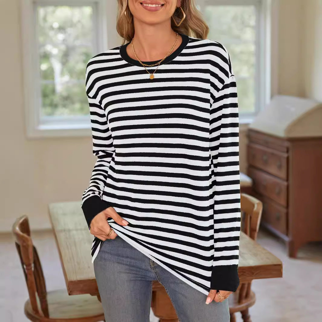 Damen bequemes Langarmshirt mit gestreiftem Design und Rundhalsausschnitt EB
