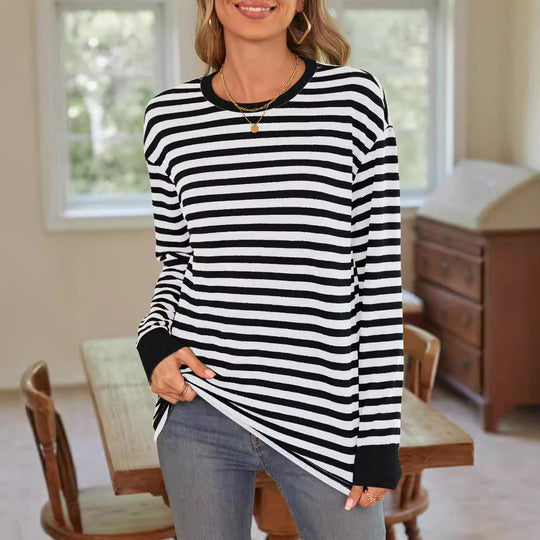 Damen bequemes Langarmshirt mit gestreiftem Design und Rundhalsausschnitt EB