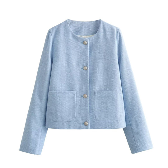 Damen elegante Kurzjacke mit dekorativen Knopfdetails und praktischen Taschen EB