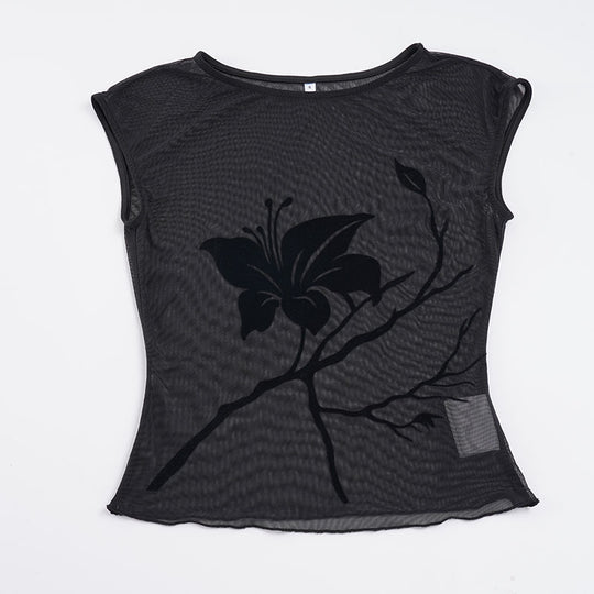 Damen transparente Mesh-Bluse mit floralem Druck EB