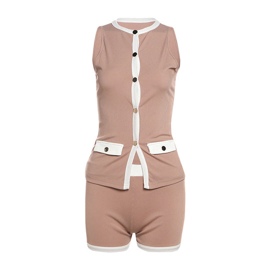 Damen Sportliches Outfit mit Leopardenmuster und Knopfdetaillierung EB