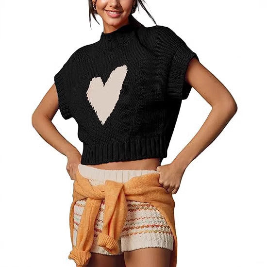 Damen lässiger Kurzarm Pullover mit Herzmotiv EB
