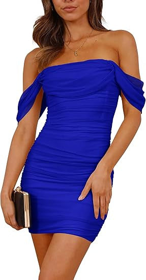 Damen figurbetontes Wickelkleid mit schulterfreiem Design EB