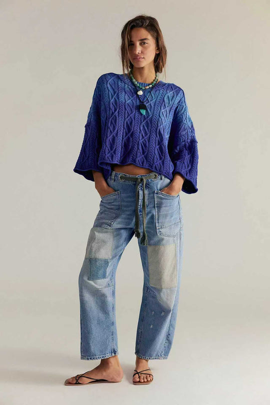 Damen nan hochgeschnittene Jeans im weiten Schnitt mit aufgesetzten Taschen und Kordelzug EB