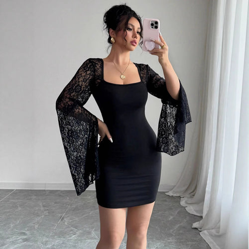 Damen Figurbetontes Kleid mit Spitzenärmeln EB