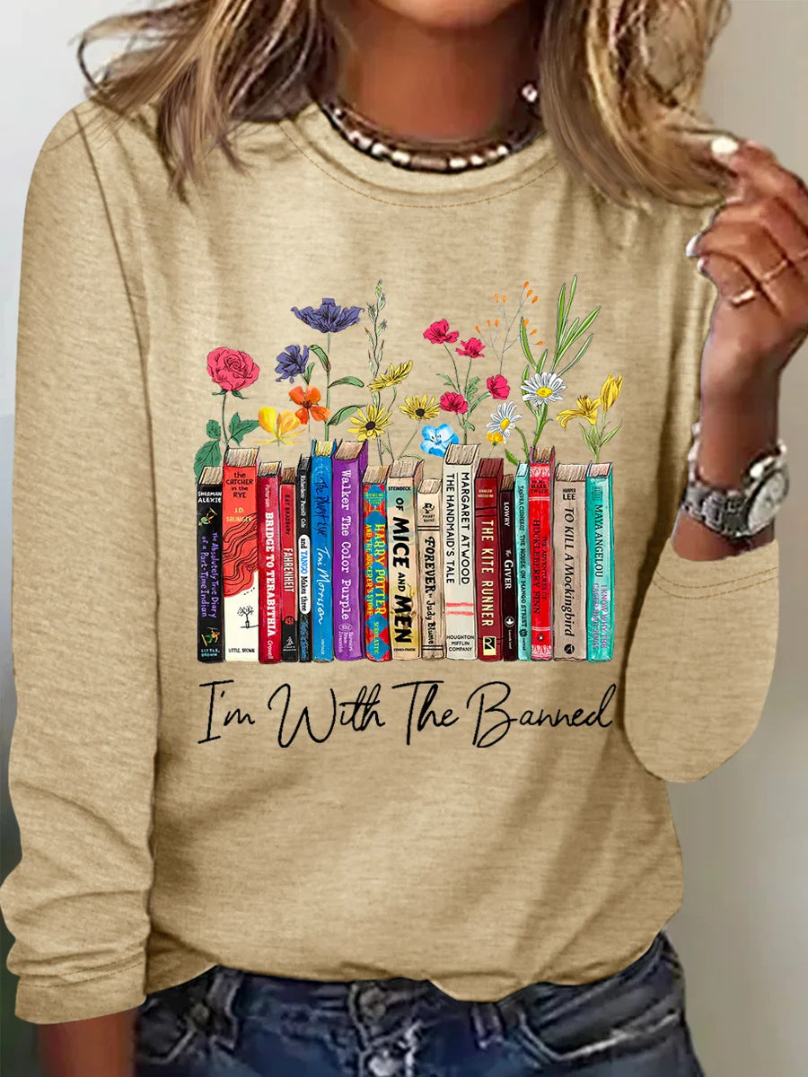 Damen Langarmshirt mit Bücher- und Blumenmotiv EB
