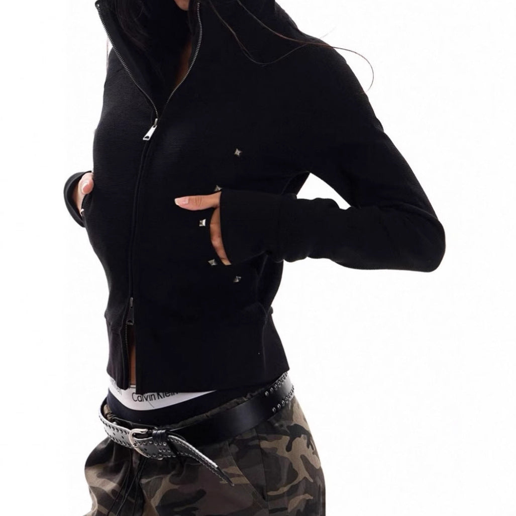 Damen Modische Kapuzenjacke mit dekorativen Nieten und figurbetontem Schnitt EB