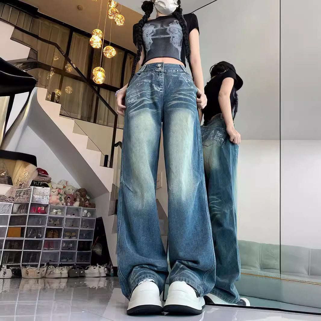 Damen Weite Jeans mit modischem Vintage-Waschlook und lässigem Design EB