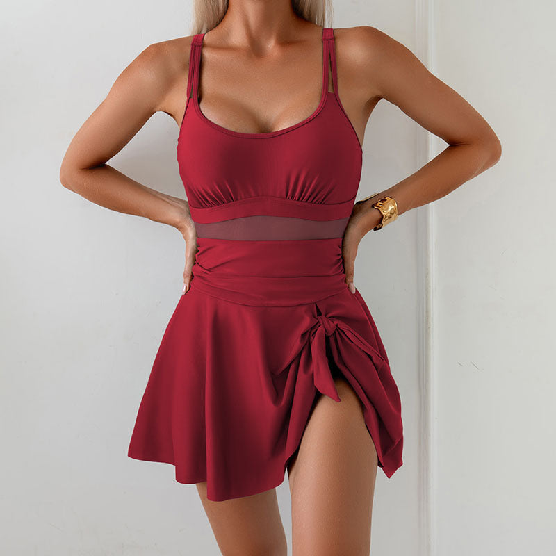 Damen eleganter einteiliger Badeanzug mit durchsichtigen Einsätzen und seitlichem Rock EB