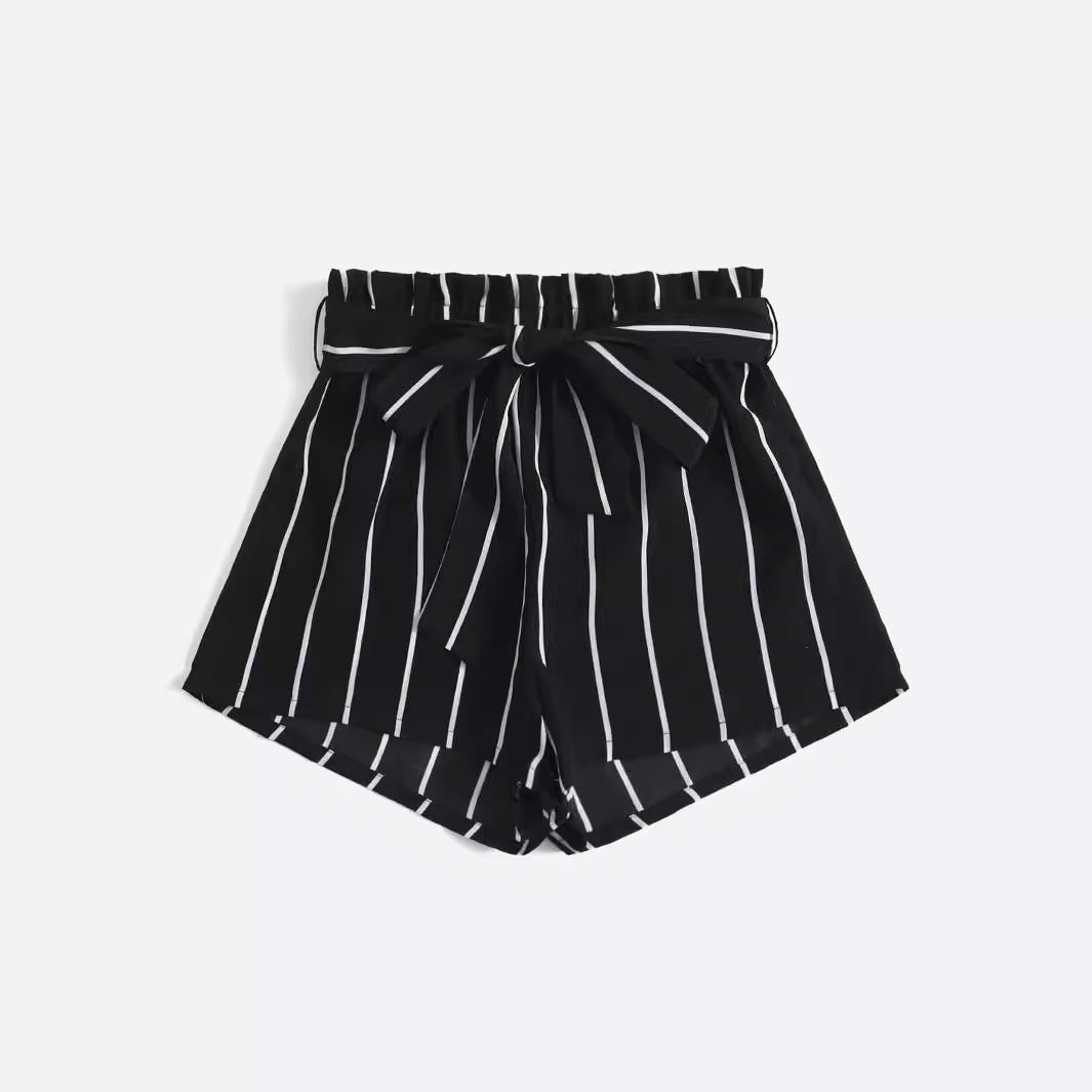 Damen gestreifte Freizeit-Shorts mit elastischem Bund und Bindegürtel EB