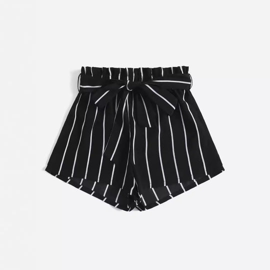 Damen gestreifte Freizeit-Shorts mit elastischem Bund und Bindegürtel EB