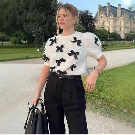 Damen modischer Strickpullover mit Puffärmeln und dekorativen Schleifen EB