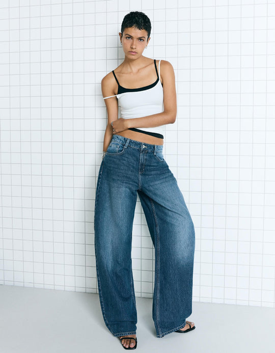 Damen nan hohe Taillenweite Palazzo-Denim mit weitem Bein und cleanem Five-Pocket-Design EB