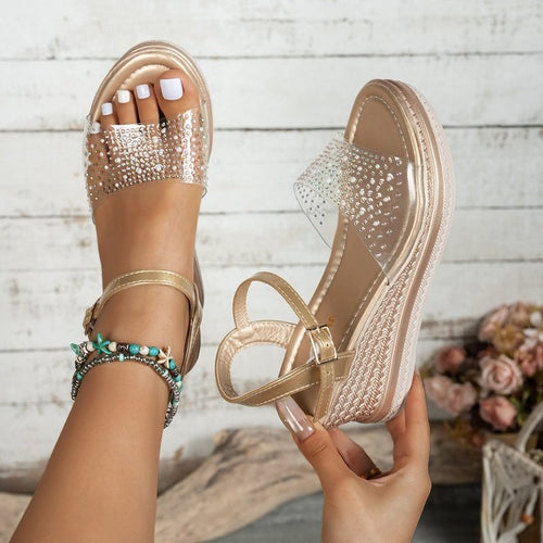 Damen Glamouröse Plateau-Sandalen mit transparenten Riemen und Strass-Applikationen EB