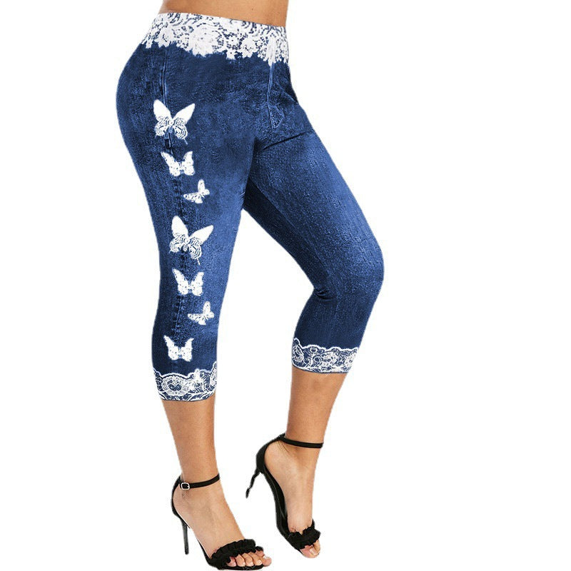 Damen Leggings im Jeans-Look mit einzigartigem Schmetterlingsdesign EB