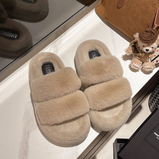 Damen Flauschige Hausschuhe mit doppeltem Riemen EB