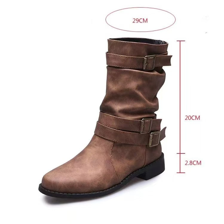 Damen nan lässiger mittlerer Schaftstiefel mit weichem Slouch-Effekt, dekorativen Schnallenriemen und robustem Blockabsatz EB