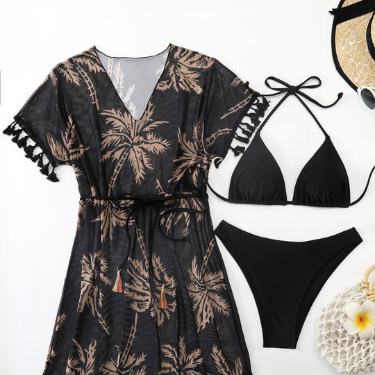 Damen strandtaugliches Kaftan-Set mit modischem Palmendruck EB