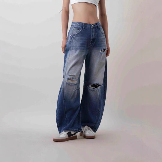 Damen nan Baggy-Jeans mit hohem Bund, sichtbaren Nahtpaneelen und distressed Kniepartien EB