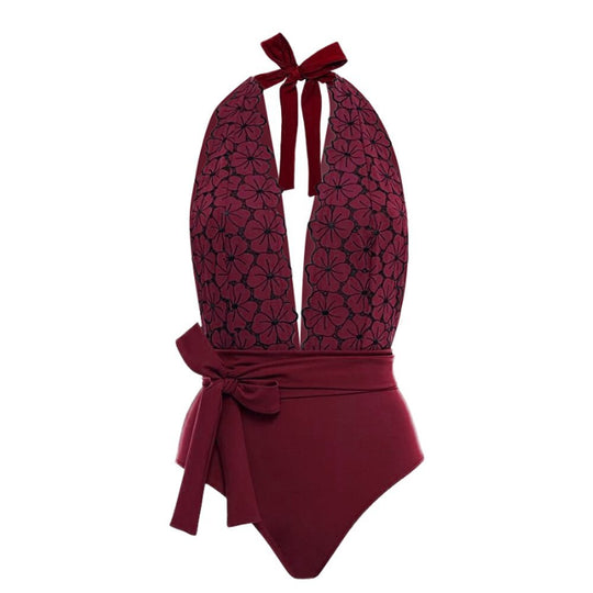 Damen eleganter Einteiler Badeanzug mit floralem Wickelrock EB