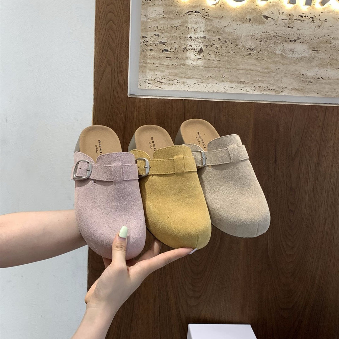 Damen bequeme Clogs mit dekorativem Schnallenverschluss und hochwertigem Veloursleder EB