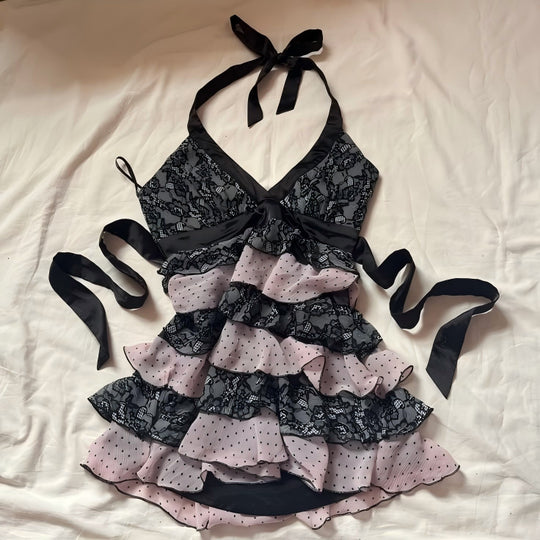 Damen Rüschen Kleid mit Spitzenoberteil EB