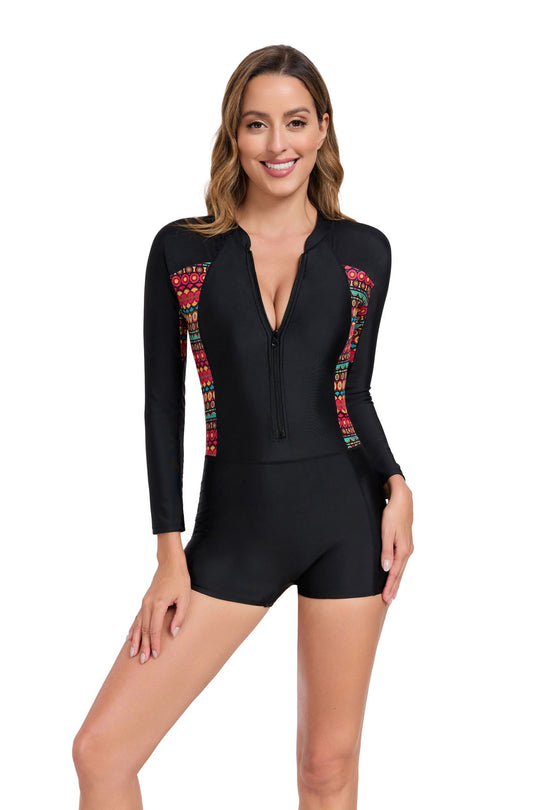 Damen Sportlicher Langarm-Badeanzug mit buntem Design EB