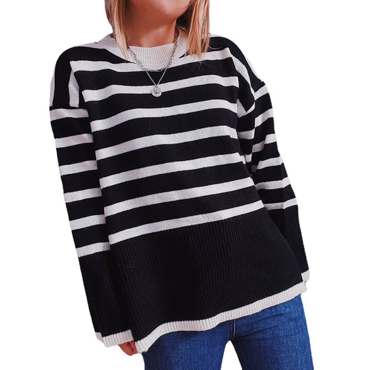 Damen lässiger Strickpullover mit modernem Streifenmuster und feiner Rippstruktur EB