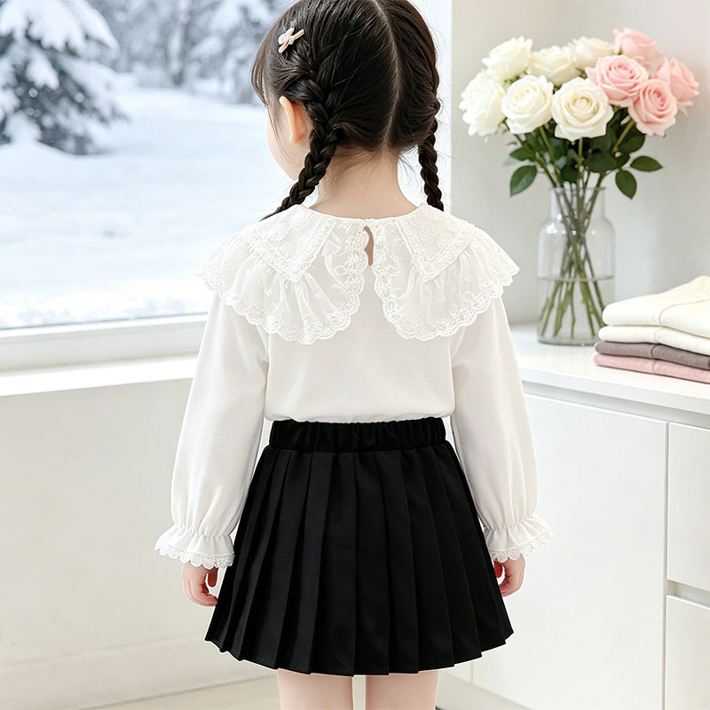 Mädchen Bluse mit elegantem Spitzenkragen und Rüschendetails EB