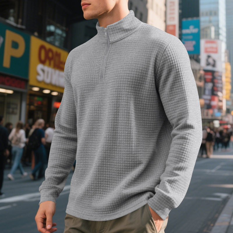 Herren nan leichtes Waffelstrick-Halbzip-Pullover mit Stehkragen und atmungsaktivem Baumwollmix EB